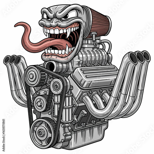 Flat vector illustration of angry car engine monster cartoon