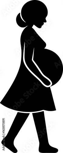 Silhouette of Pregnant Woman Walking Gracefully with Baby Bump on White Background for Motherhood Concept
