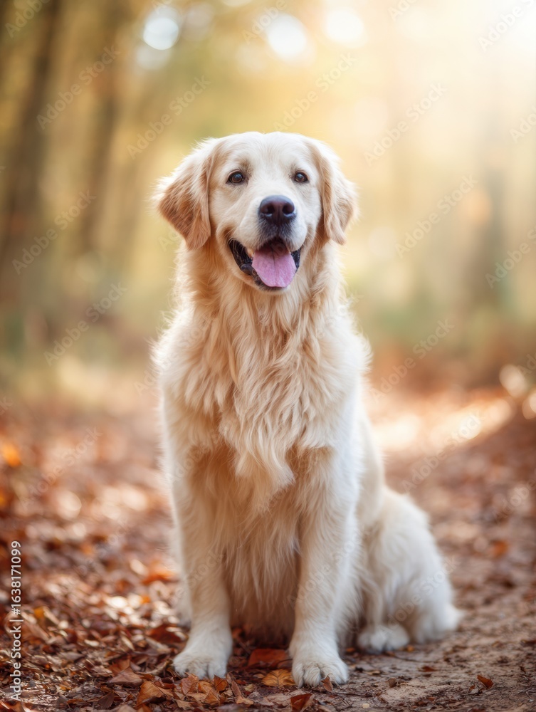 Golden retriever sitting on sunlit forest path surrounded by autumn leaves Golden retriever sitting on sunlit forest path surrounded by autumn leaves
