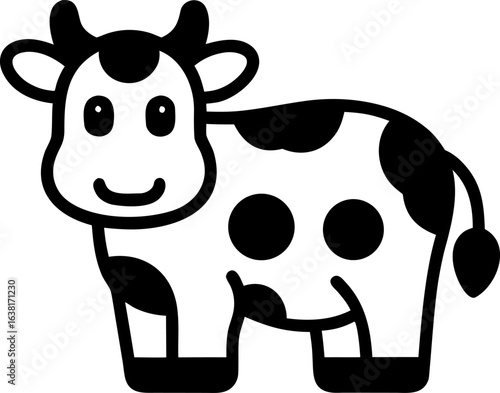 Playful Cartoon Cow with Black and White Patches Smiling on White Background for Children�s Art