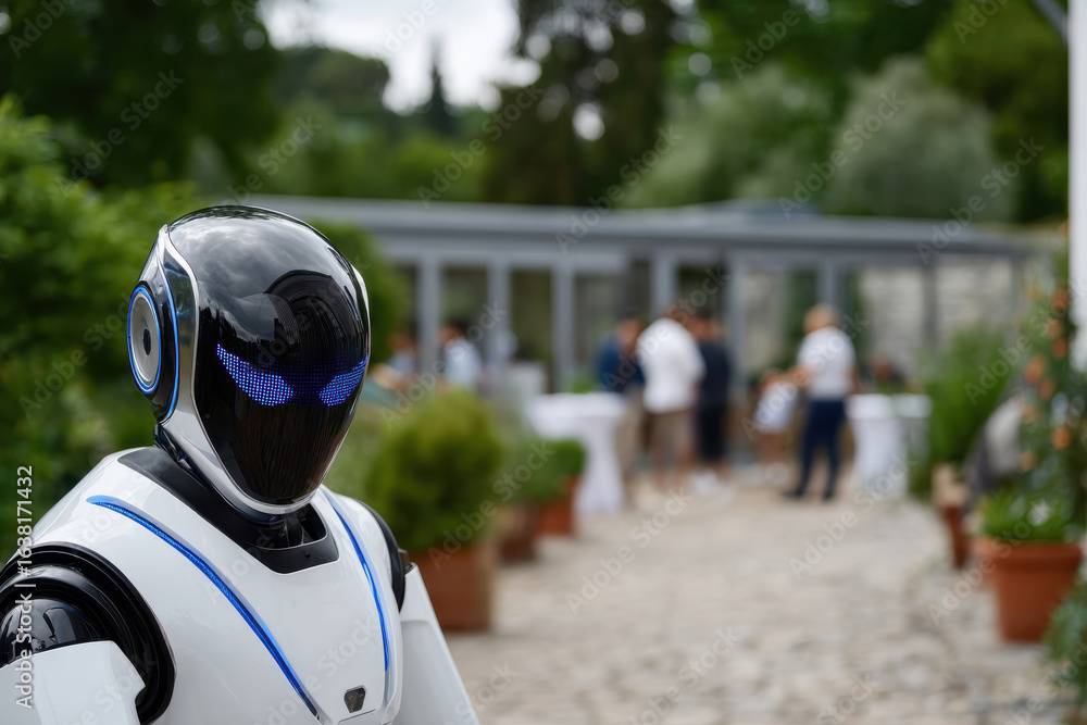 Fototapeta premium A humanoid robot stands elegantly in a social gathering, emphasizing the growing role of AI companions in human interactions and social environments.