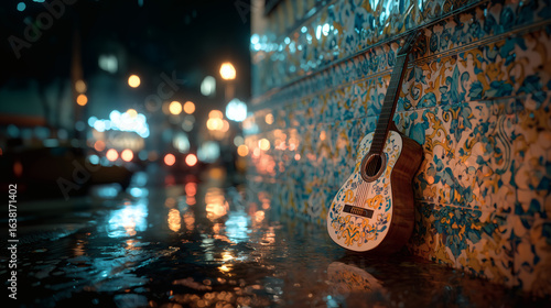 Decorated acoustic guitar by azulejo wall at night with rain reflections