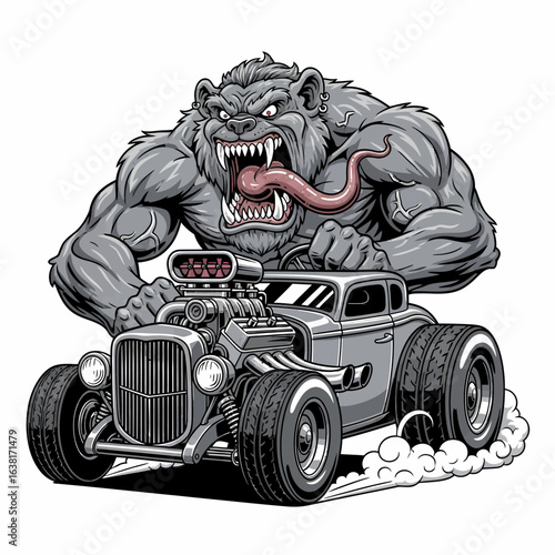 Illustration of angry ape driving powerful hot rod car