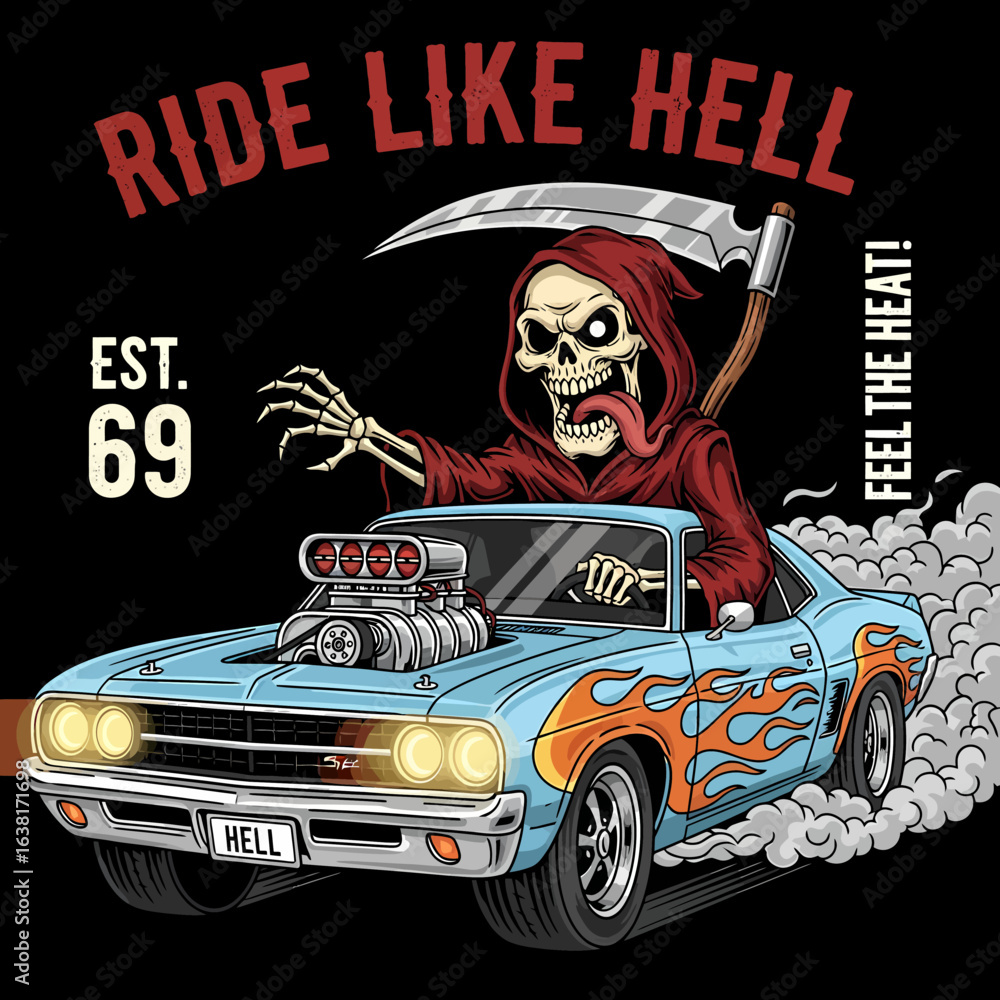 Obraz premium Vector illustration Grim Reaper driving hot rod car with flames