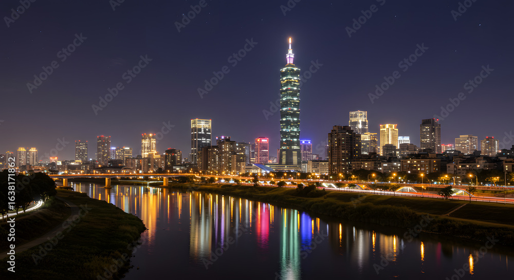 Naklejka premium Illuminated Taipei city skyline at night featuring the iconic Taipei 101 tower with vibrant light reflections on the Keelung River.