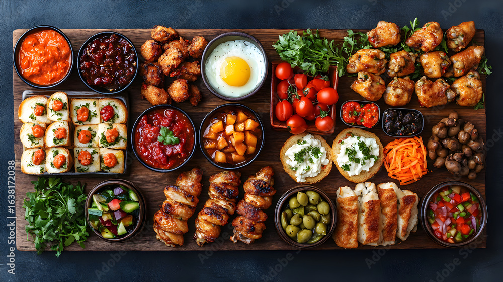 Fototapeta premium Overhead vertical layout of mixed appetizers, canapés, and finger food on a natural wooden serving tray, perfect for catering services, party menus, and hospitality-themed promotional visuals
