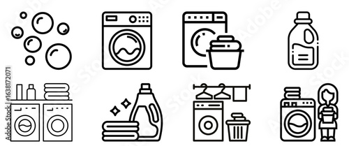 Collection of Laundry Icons: Washing Machine, Detergent, and Bubbles

