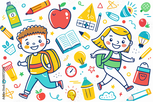 contemporary innovative creative digital vibrant crisp clean stylish elegant modern detailed professional high quality A colorful illustration of a boy and girl surrounded by school supplies
