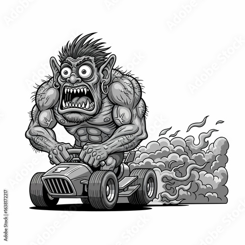 Cartoon monster driving a racing lawnmower fast