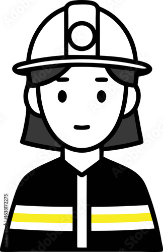 Friendly cartoon firefighter in uniform with helmet and visor, minimal vector illustration on clean white background