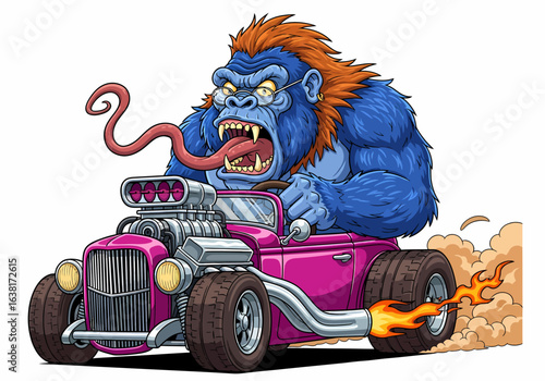 Illustration of angry blue gorilla driving pink hot rod car