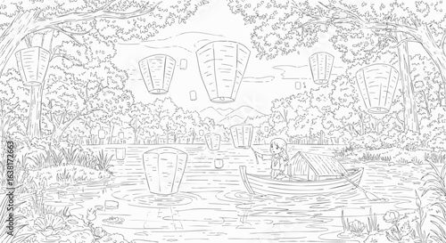 A skeleton's peaceful passage on a river, rowing a boat amidst floating sky lanterns in a forest. A detailed coloring book illustration.