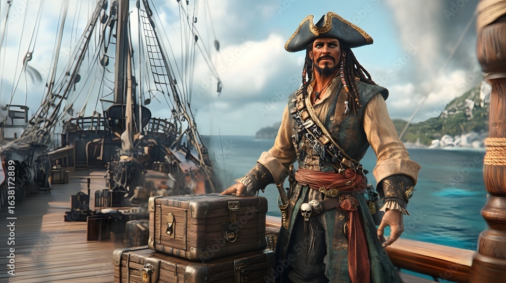 Fototapeta premium Digital illustration of a pirate standing on a ship's deck with treasure chests.