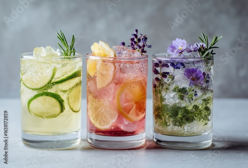 Three refreshing cocktails with citrus slices, herbs, and edible flowers, perfect for summer gatherings and mixology inspiration.