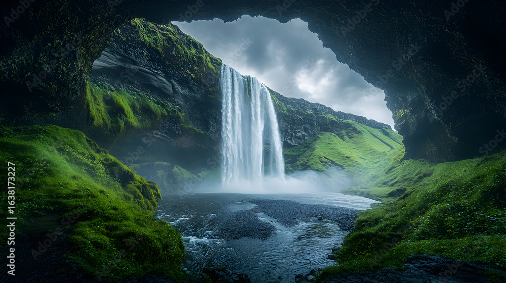 Fototapeta premium Stunning landscape of a powerful waterfall seen from inside a dark cave, with moody gray clouds overhead, ideal for tourism advertising, nature calendars, and adventure stock photography collections