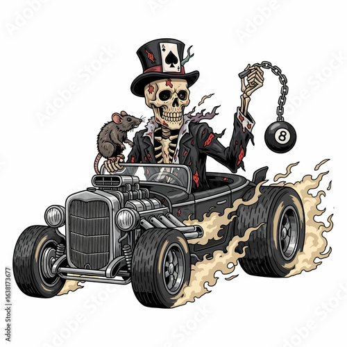 Pixel art skeleton in hot rod car with rat