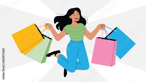 Happy Woman Jumping with Colorful Shopping Bags After Successful Retail Therapy Experience