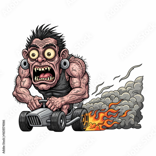 Flat vector illustration of crazy man driving hot rod car