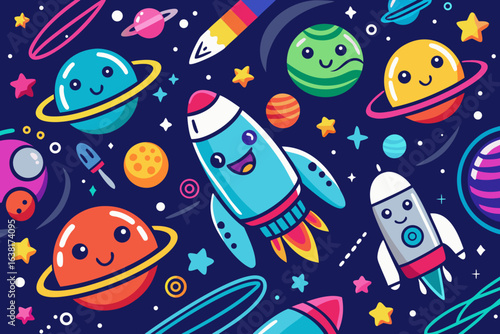 digital colorful vibrant crisp clean stylish elegant modern detailed professional high quality A cartoon style illustration of a spaceship flying through space surrounded by planets and stars