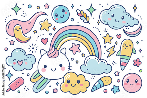 Whimsical unicorn and rainbow doodle art for cheerful designs, perfect for kids' products, stationery, or social media content, adding a touch of magic and playful charm