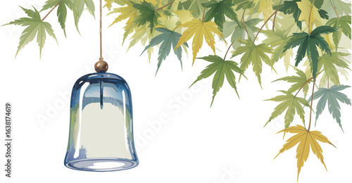 Elegant Illustration of Blue Glass Bell Hanging from Maple Tree Branches, Style