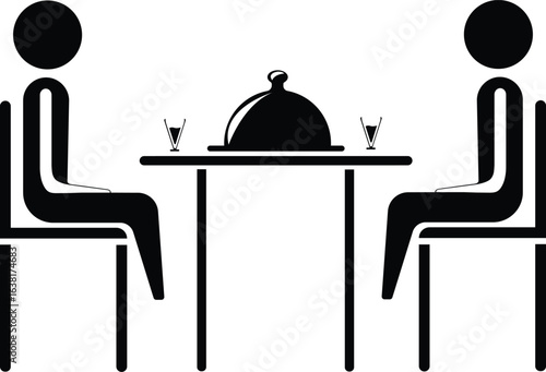 Minimal dining vector silhouette illustration, isolated black and white dining vector silhouette of two people.