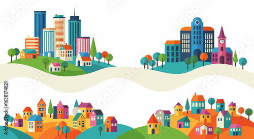 Flat vector cityscape with colorful buildings and green hills