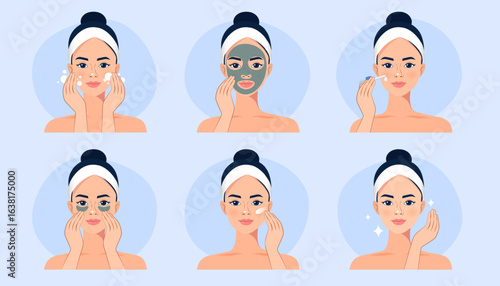 Skincare routine and beauty treatment set. A woman shows steps for facial care: washing with a cleanser, applying a face mask and serum, and using eye patches and cream for healthy, clean skin.