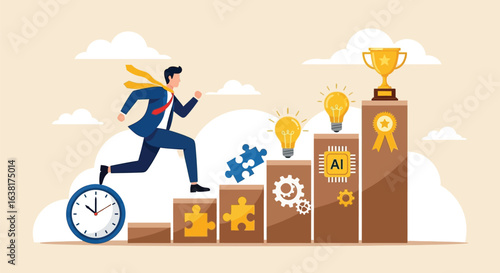 Businessman Running Up the Stairs to Success