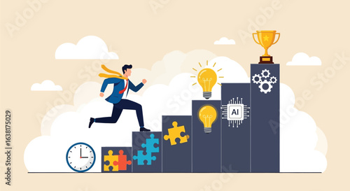 Businessman Running Up the Stairs to Success