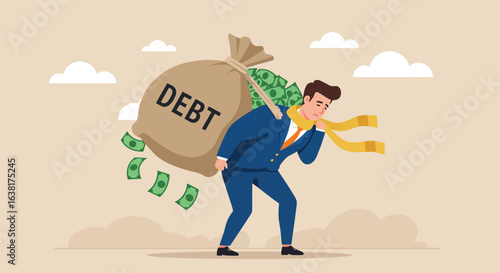 Man Struggling with Debt Burden Carrying a Bag of Money