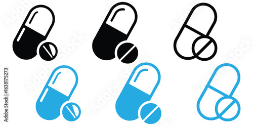 Pills and capsules icon set, single color vectors collection.Medical icons set,Pills icon vector for web and mobile app. capsule icon. Drug sign and symbol