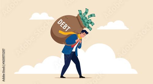 Man Struggling with Debt Burden Carrying a Bag of Money