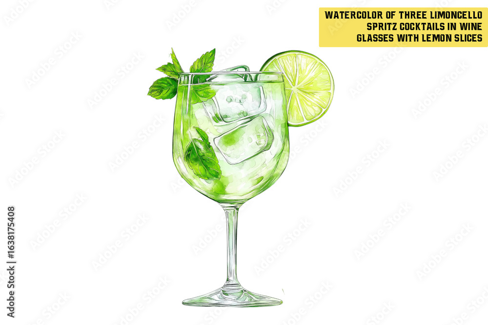 Fototapeta premium Glass of Hugo Spritz cocktail with ice, lime wheels and mint leaves on light green background. Watercolor illustration of refreshing summer drink. Summer cocktail and aperitif concept.