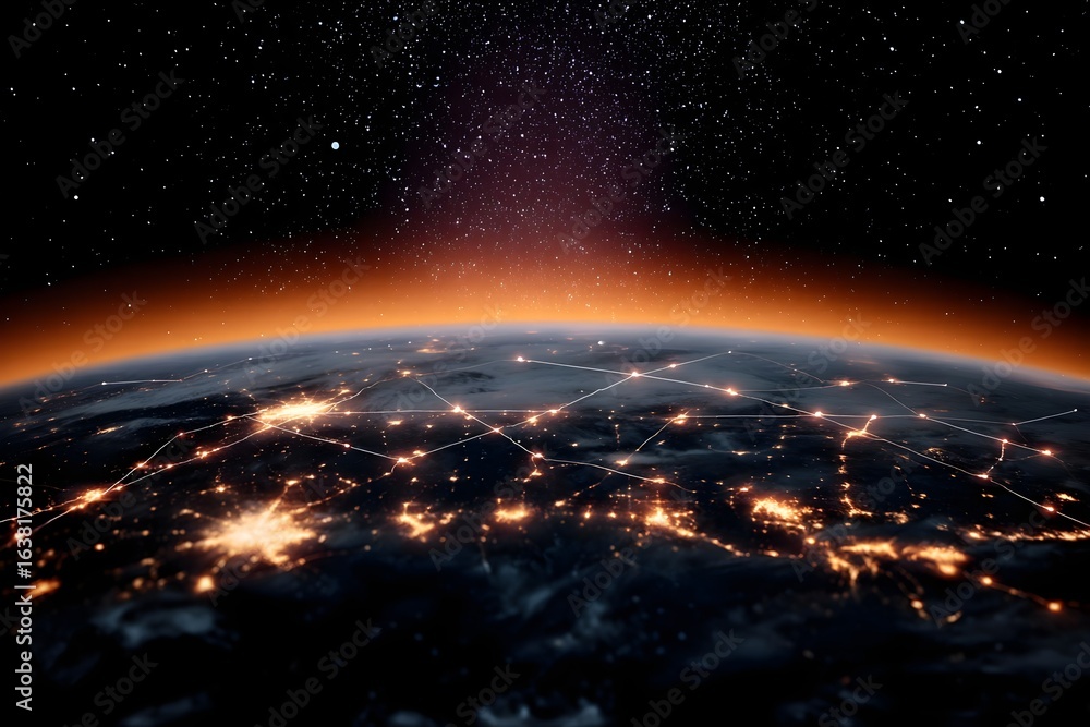 Fototapeta premium A close up of the Earth at night with a bright orange glow