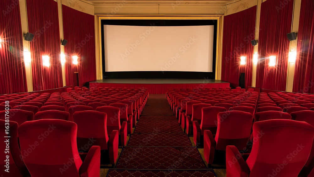 Fototapeta premium Empty Classic Movie Theater with Red Velvet Seats and Large Screen Cinematic Experience Awaits Audiences