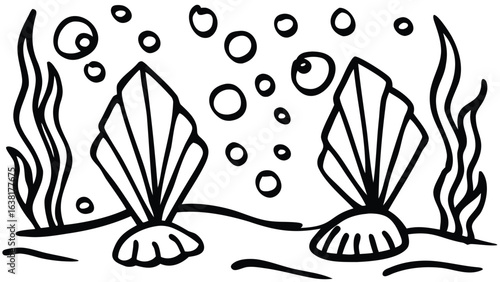 Black and white illustration of two seashells with seaweed and bubbles in an underwater scene drawing