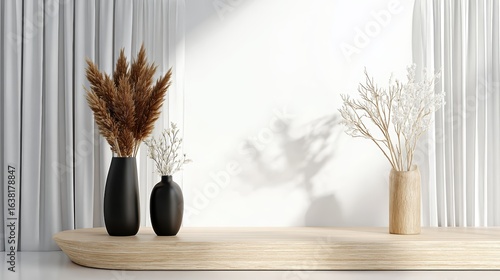 Minimalist interior decor scene with a light wood oval platform, matte black vases with brown pampas grass and white dried flowers