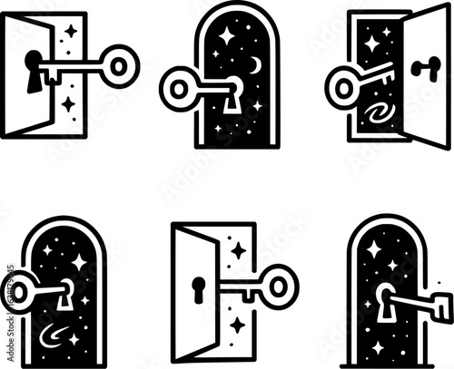 Key Unlocking Galaxy Door Vector Icons Collection