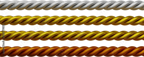 Silver gold and bronze metallic braided ropes displayed horizontally isolate Texture Material Luxury