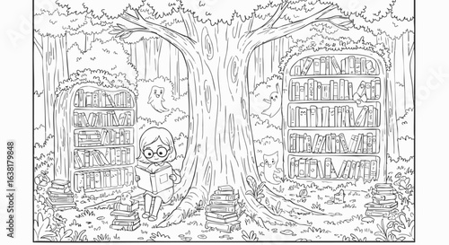 An enchanted forest library with a studious child reading under a tree. Whimsical coloring page with bookshelves and spirits.