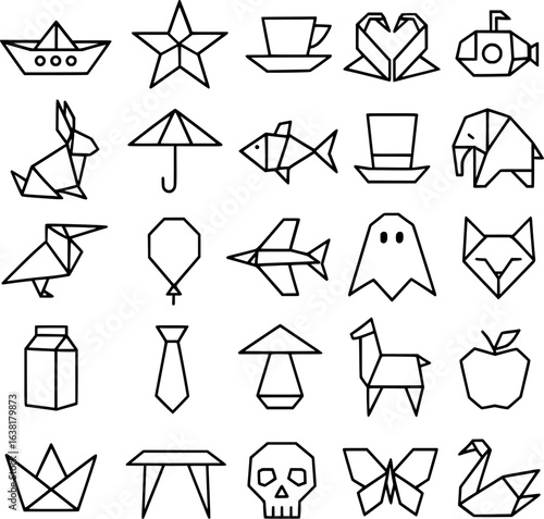 Origami Unexpected Forms Minimalist Black Line Icons Collection