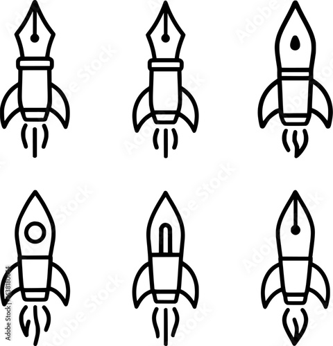 Rocket Fountain Pen Icon Collection Black Line Vector Set