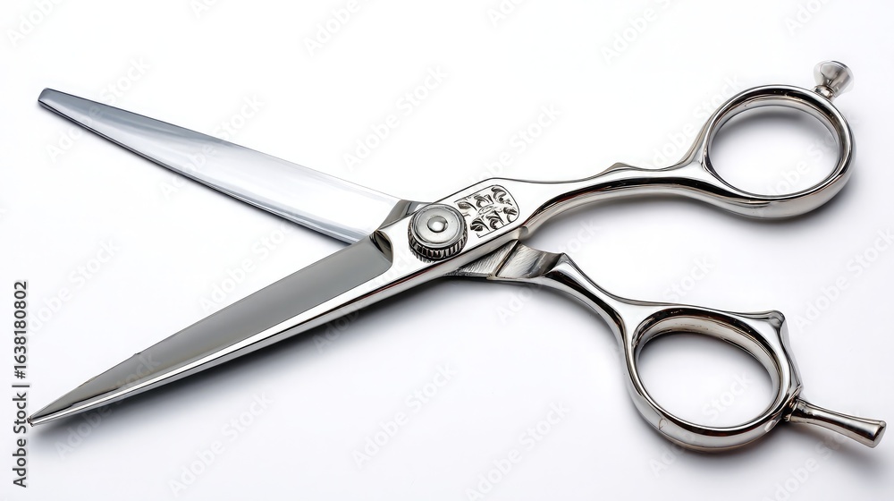 Fototapeta premium Barber-style mustache scissors in open position with visible sharp blades on white backdrop