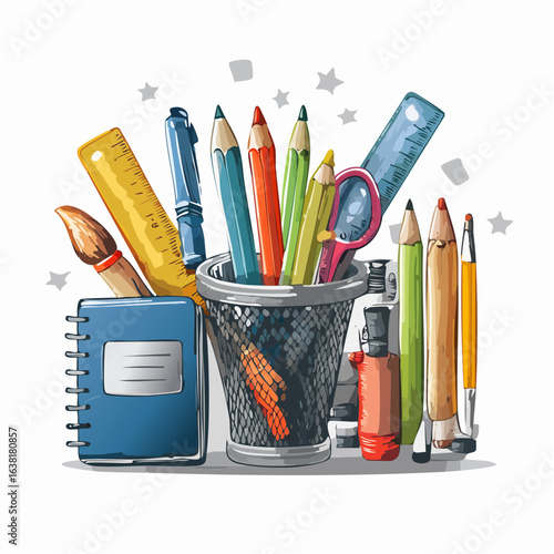 A vibrant collection of school and office supplies in a mesh holder. An illustration representing creativity, education, and back to school.