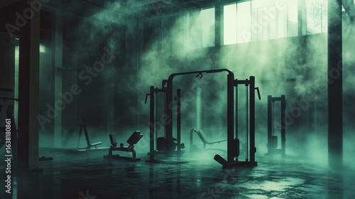 Eerie Gym Interior: Atmospheric Fog, Silhouetted Equipment, Moody Lighting.