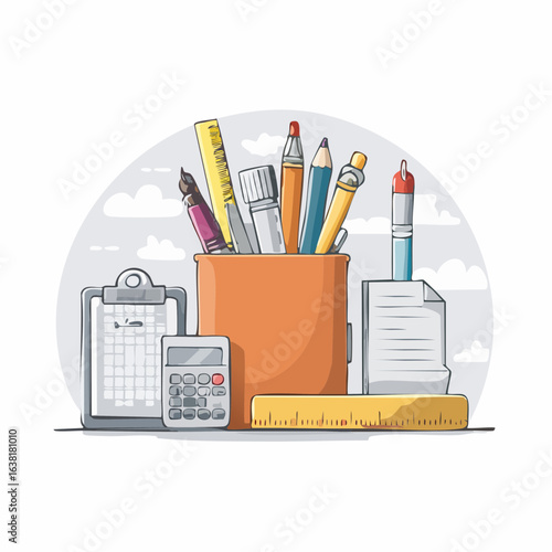 A collection of cartoon office and school stationery supplies in a holder. Vector illustration of workplace essentials for business, creativity, and education.