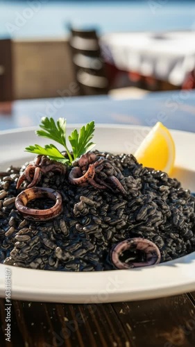 Delicious traditional black risotto with squid calamari and parsley in a seaside restaurant