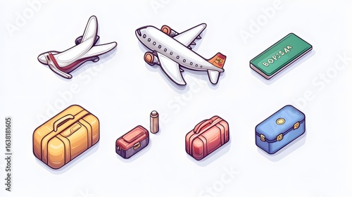 Isometric illustration depicts luggage, a plane, and a passport, representing travel and tourism.
