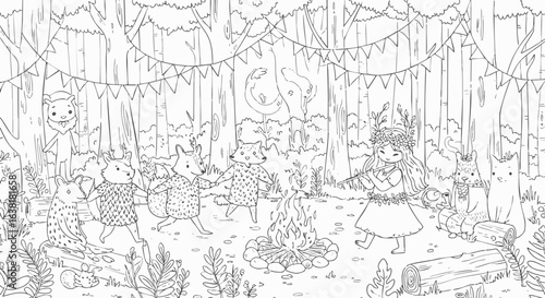 Whimsical forest festival with cute animals dancing around a campfire. A hand-drawn coloring page illustration.